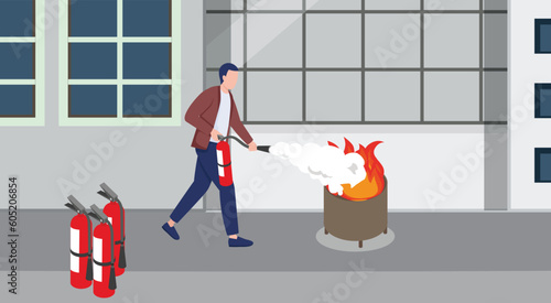 Fire Safety Training at Office and Fire Safety Training at Work with Fire Extinguisher for employee using Extinguisher. Training colleagues about Fire Safety Equipment and extinguishing outside office