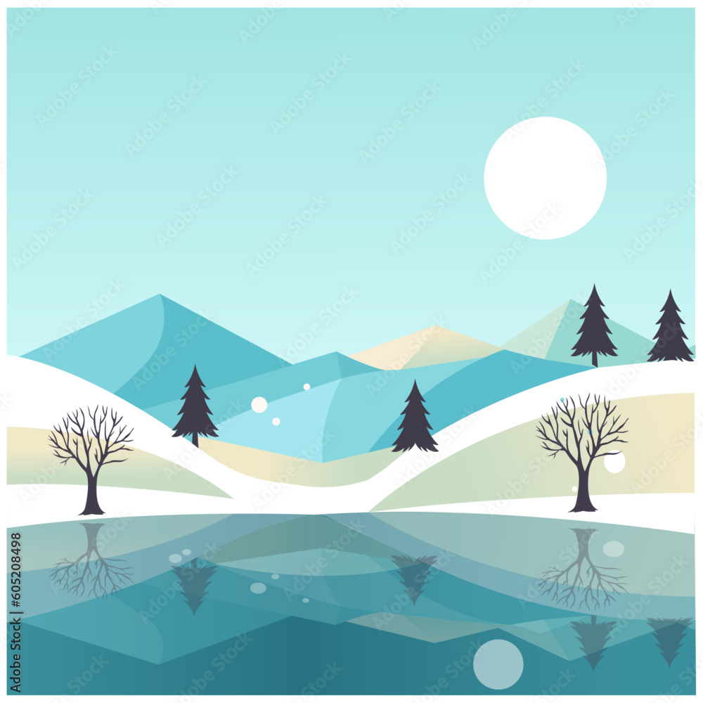 vector illustration art landscape with mountains	sunny weather snowy mountains water near mountains