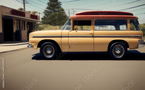 a yellow van with a red roof is parked in front of a building - Generative AI