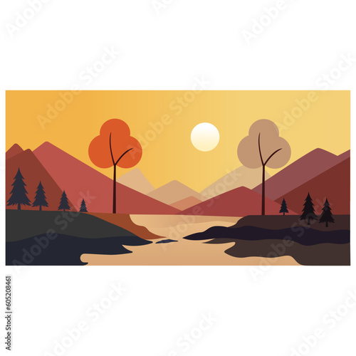 vector illustration art of frame mountains hills trees sun sunny day yellow sky colorful trees