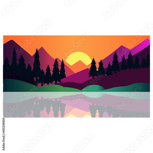 vector art illustration landscape colorful sunset near mountain and trees 