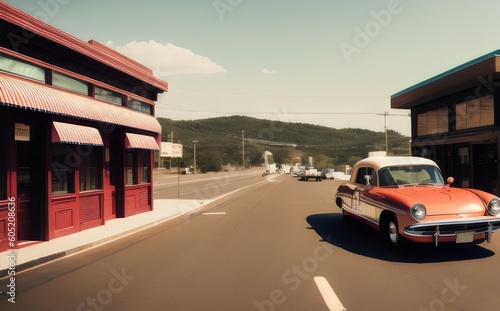 a vintage car driving down a street in a small town - Generative AI © Fernando