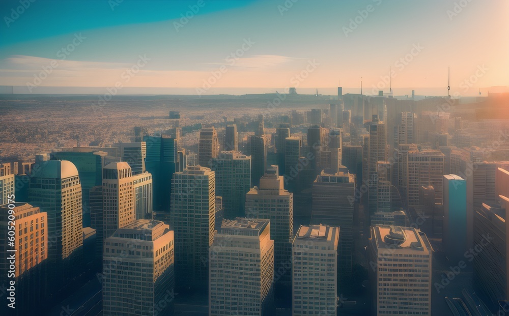 a cityscape with buildings and the sun setting - Generative AI