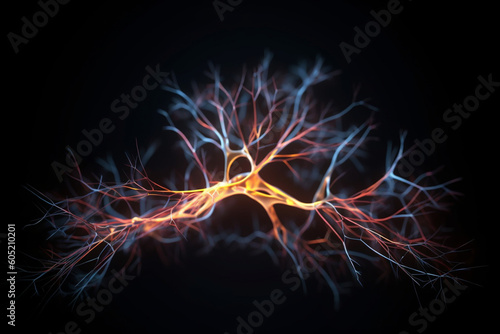 Artificial Intelligence concept - 3d rendered image  Dark background  Glowing abstract digital neuron connections  Hologram human brain view  Innovative process technology  Plexus lines