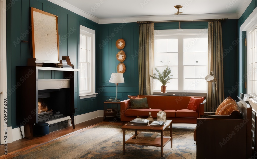 a living room with teal walls and a fireplace - Generative AI a living room with teal walls and a fireplace - Generative AI