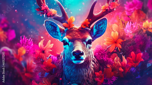 Close-up portrait of a majestic deer in fantasy background. Wildlife animals. Generative AI.