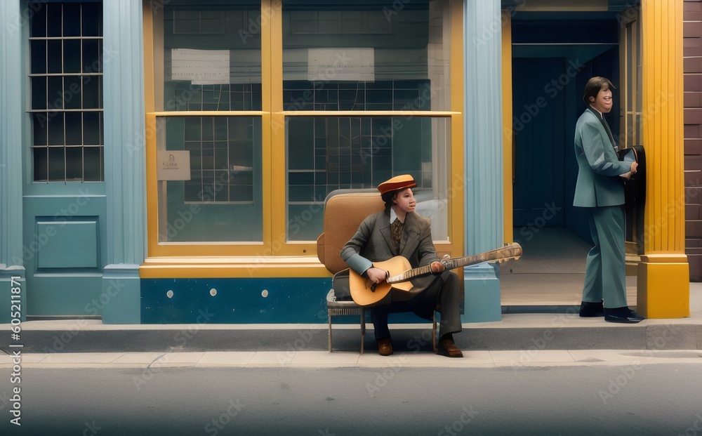 two men sitting on a bench with guitars - Generative AI two men sitting on a bench with guitars - Generative AI
