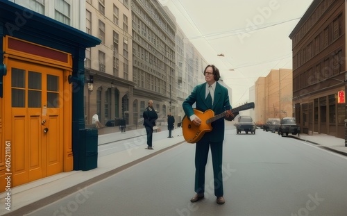 a man in a suit playing an acoustic guitar on a street - Generative AI
