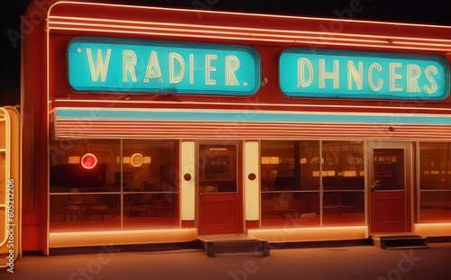 a diner with neon lights and a sign that says warder diner - Generative AI