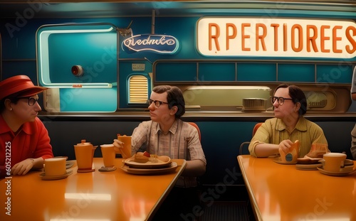 a group of people sitting at a table in a diner - Generative AI