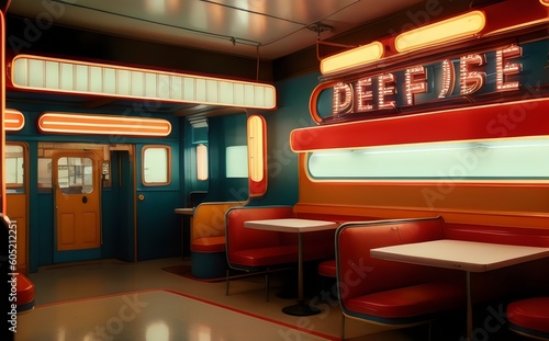 a diner with neon signs and booths - Generative AI