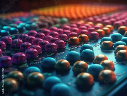 Many colorful pills on a dark background Geometric composition 
