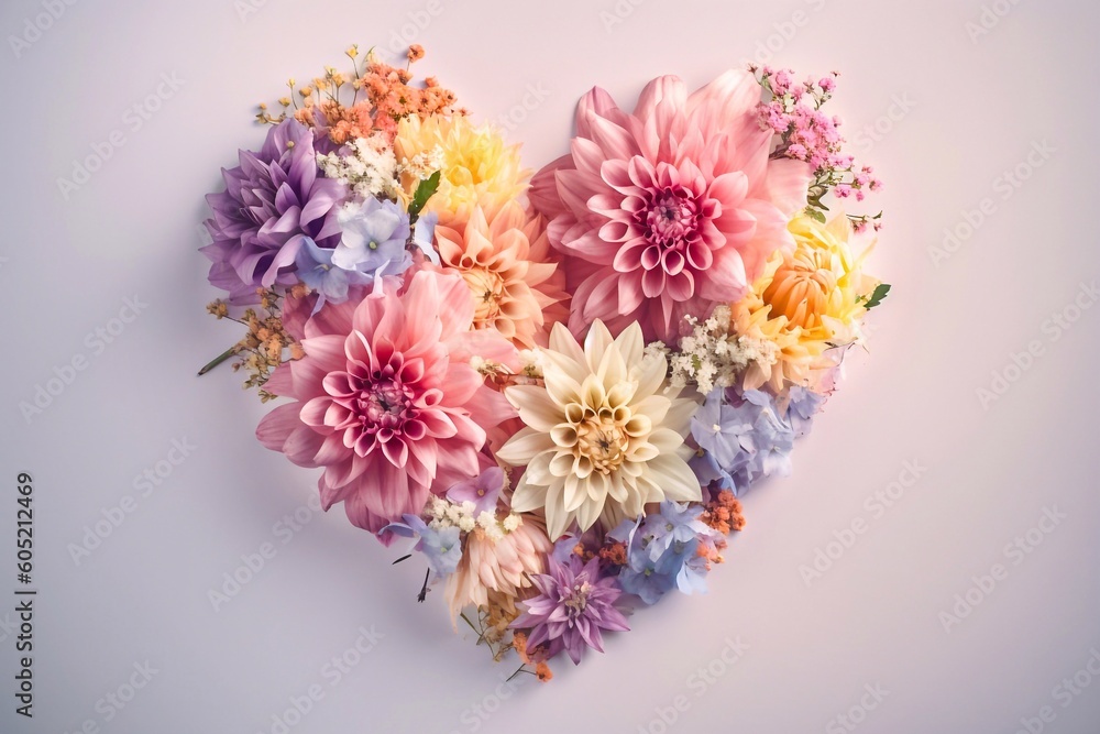 Top view arrangement of flowers with heart shape. heart of flowers . Generative AI