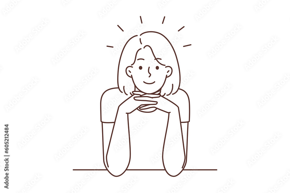 Smiling woman sit at desk talking with someone Smiling woman sit at desk talking with someone