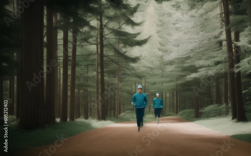 two people walking down a dirt road in the woods - Generative AI