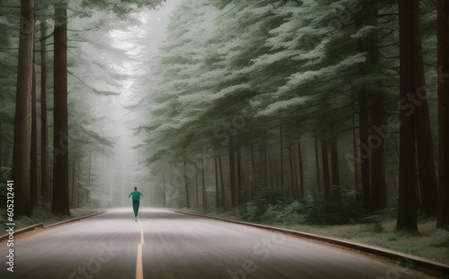 a person walking down a road in the middle of a forest - Generative AI