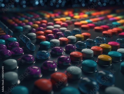 Many colorful pills on a dark background Geometric composition Created with Generative AI technology