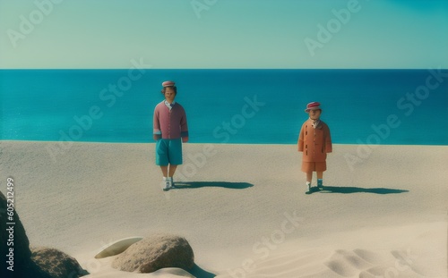 two children standing on a sand dune near the ocean - Generative AI