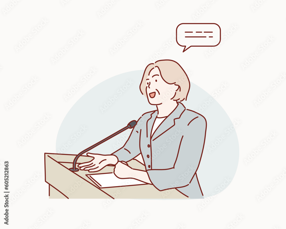 Businessman or politician speaking at the podium. Hand drawn style vector design illustrations.