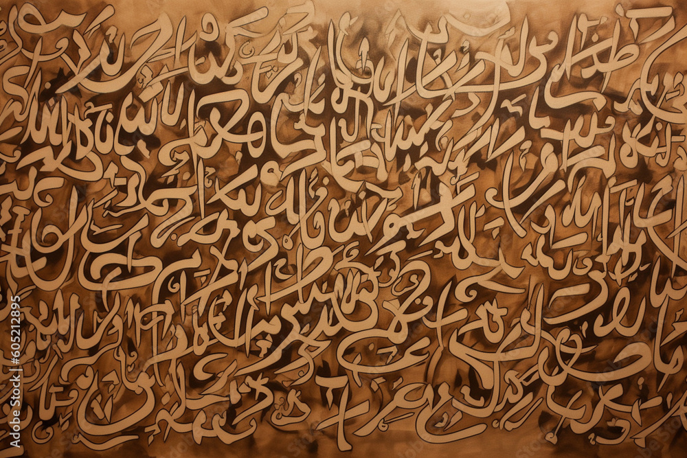 Arabic calligraphy wallpaper on a wall with brown background and old paper interlacing