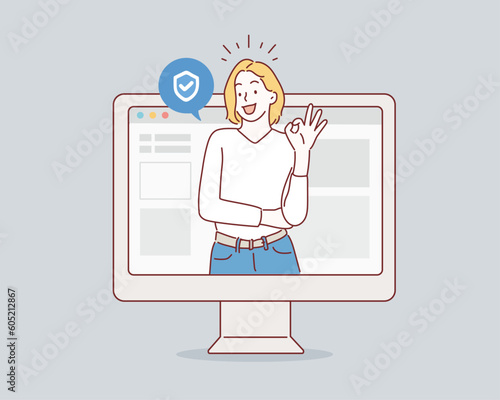 woman using laptop computer with shield. Hand drawn style vector design illustrations.