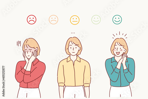 Rank, level of satisfaction rating. sad and positive women.Hand drawn style vector design illustrations.
