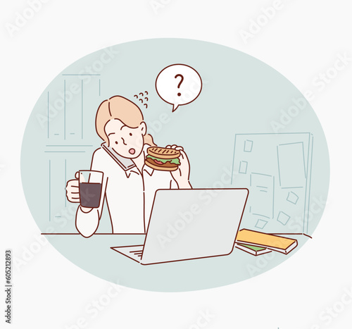Busy at work. Woman has business lunch in office, talking on mobile and using laptop. Hand drawn style vector design illustrations.