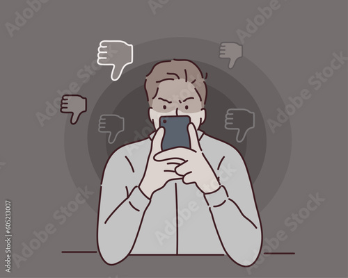 Malicious posts. slander on social networking sites. People who write bad words. Hand drawn style vector design illustrations.