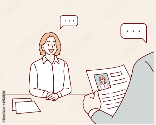 Woman applicant or candidate during job interview by recruiter. Hand drawn style vector design illustrations.