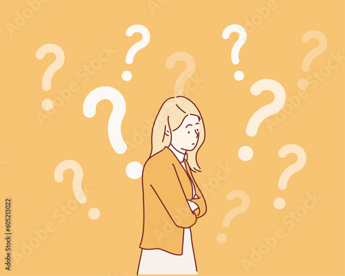 Question, brainstorm, thinking concept of dream woman. Hand drawn style vector design illustrations.