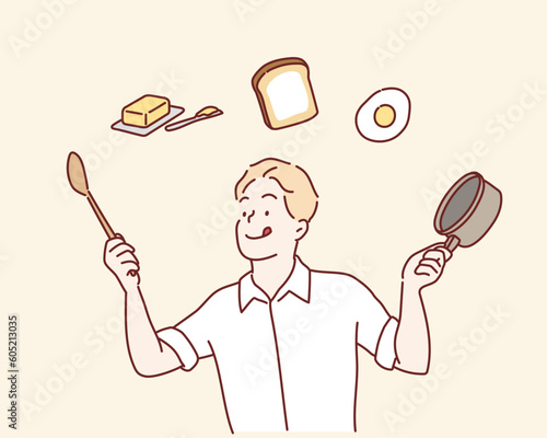 young business man in the kitchen .  Hand drawn style vector design illustrations.