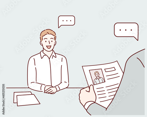 Man applicant or candidate during job interview by recruiter. Hand drawn style vector design illustrations.