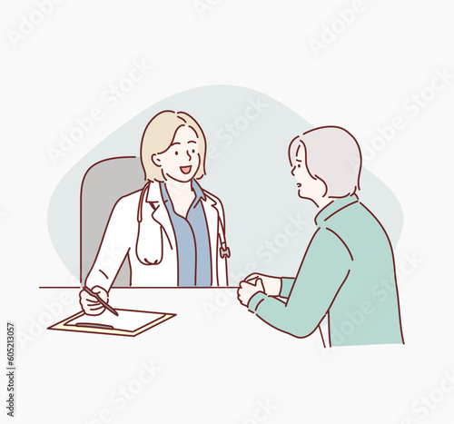 doctor in white medical uniform talk discuss results or symptoms with female patient. Hand drawn style vector design illustrations.