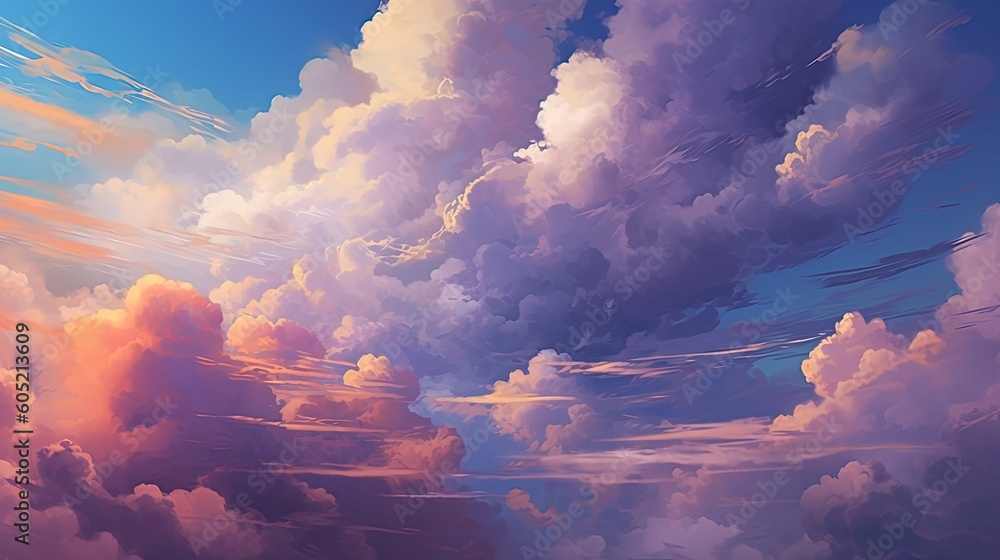 Fluffy or Billowy Clouds in Twilight, Beautiful Sky Landscape Background. Generative AI Technology. - obrazy, fototapety, plakaty 