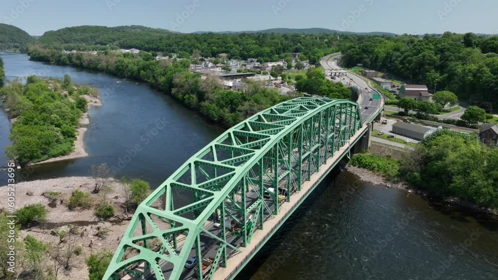 Green steel Bridge over Delaware River between Eason PA and Phillipsburg NJ. Aerial orbit. Green steel Bridge over Delaware River between Eason PA and Phillipsburg NJ. Aerial orbit.