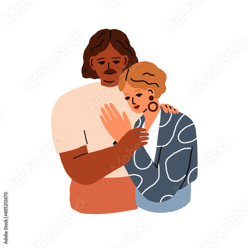 Love and support in bonding relationship. Interracial family couple hugging together. Wife and husband embracing. Two sweet people, spouse. Flat vector illustration isolated on white background