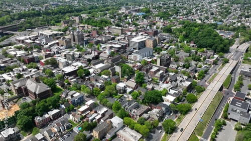 Wide and high aerial view of Easton PA. Downtown city and highway view in Northampton County Pennsylvania. photo