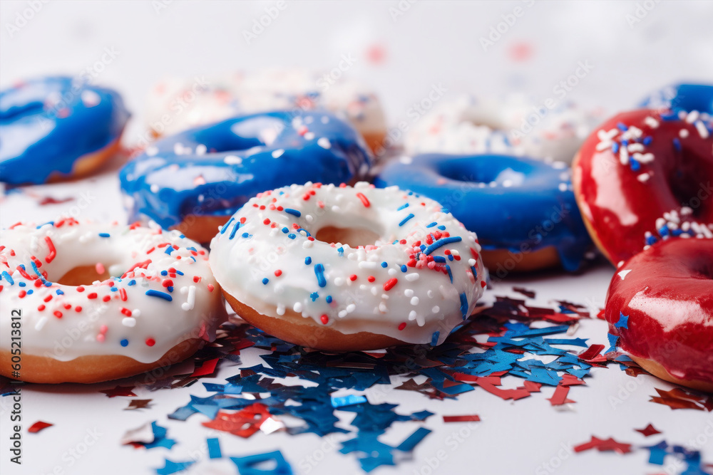 4th July Independence day donuts with red, blue and white colors. Generative AI illustration