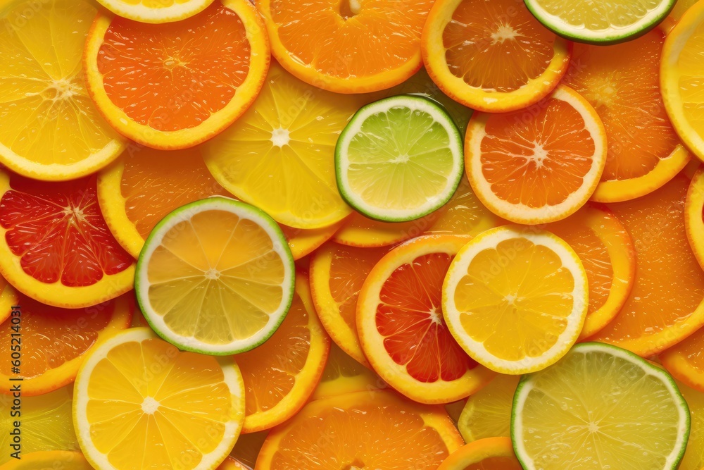 Seamless pattern with juicy orange, grapefruit and lime slices, organic fresh fruit background citrus endless texture. AI generative image. Seamless pattern with juicy orange, grapefruit and lime slices, organic fresh fruit background citrus endless texture. AI generative image.