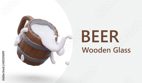 Advertisement of traditional serving of draft beer. 3D mug made of wood. Frothy drink spills out of mug. Color illustration with text on light background