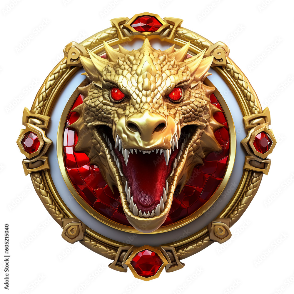 A Silver and gold metal dragon head metal emblem. 3D style dragon metal