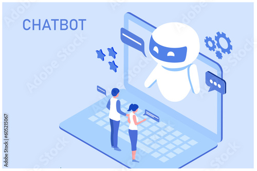 Chatbot technology concept, couple chatting with robot, asking questions and receiving answers. AI assistant support vector illustration
Description13