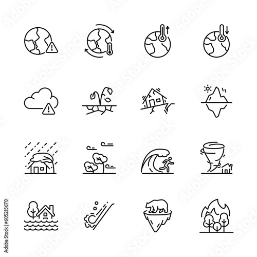 Set of climate change icons, Global warming effect, natural disaster. vector illustration
