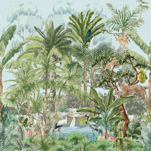 tropical-forest-with-stork-bird-monkey-cheetah-tree-plant-lake-illustration-for-wallpaper-mural
