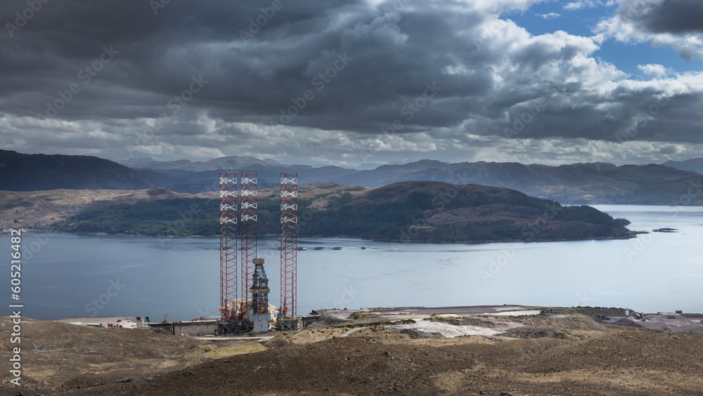 Harbour. Building of an oil platform.Scotticsh Highlands, a896, Bealach Na Ba, pass, scotland, england, mountains, highlands, panorama.