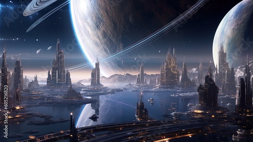 Tablou canvas Futuristic space colony in planet near Jupiter using generative AI