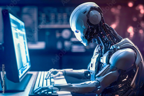 Illustration of an android or robot working at computer. Artificial intelligence concept. Created with Generative AI technology.