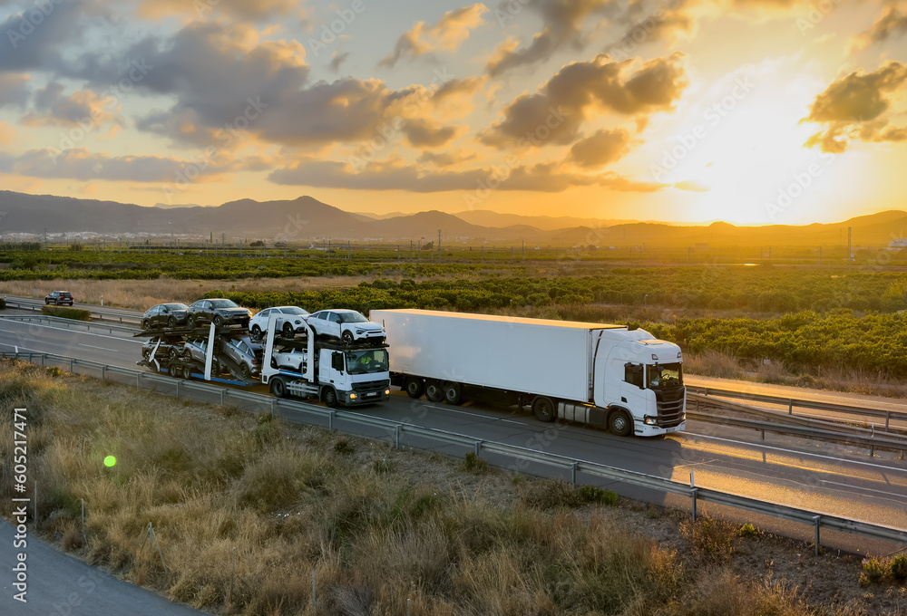 Car carrier trailer transports cars on highway. Auto transport and car shipping services concept. Truck with Semi-remorque. Cars Shipping. Car transportation. Car Transport Trailer on Spain motorway Car carrier trailer transports cars on highway. Auto transport and car shipping services concept. Truck with Semi-remorque. Cars Shipping. Car transportation. Car Transport Trailer on Spain motorway