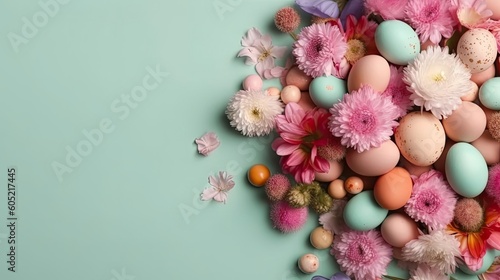 Happy Easter Day concept design of colorful eggs and plants on pastel background Top View