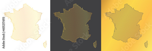 set of 3 abstract maps of France - vector illustration of striped gold colored map